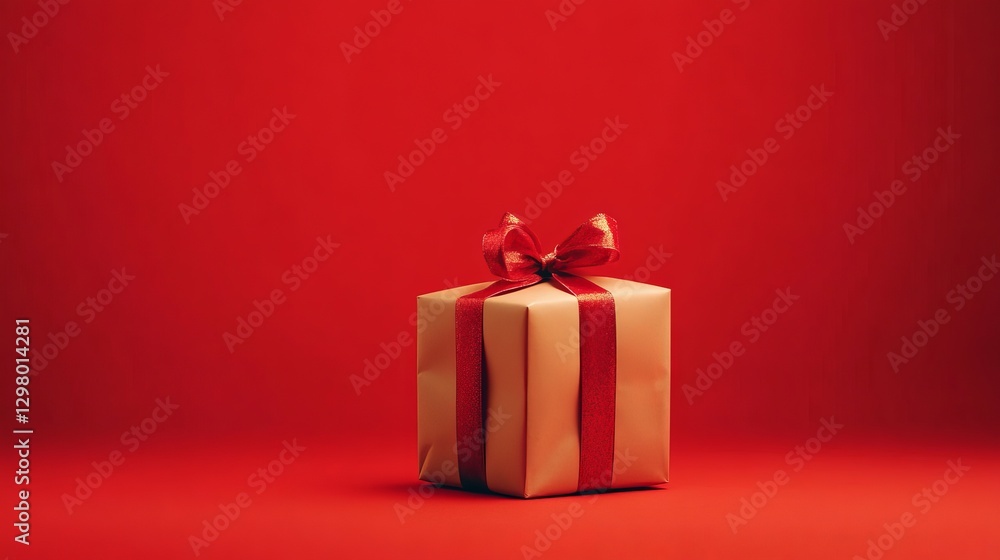 Fototapeta premium Elegant Christmas Gift Box on Bright Red Background with Bow and Ribbon for Festive Celebrations and Special Occasions