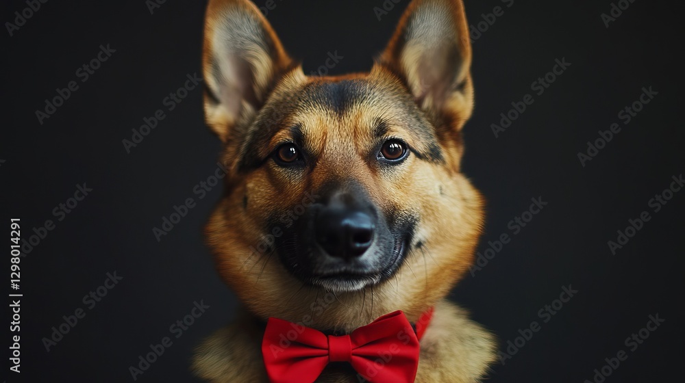 Fototapeta premium Charming German Shepherd Dog Wearing a Bright Red Bow Tie Against a Dark Background in Studio Lighting