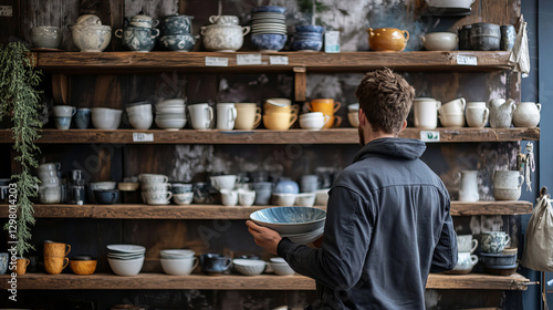 Wallpaper Mural Man Browsing Unique Ceramics in a Cozy Home Goods Store with Artisan Tableware on Display Torontodigital.ca