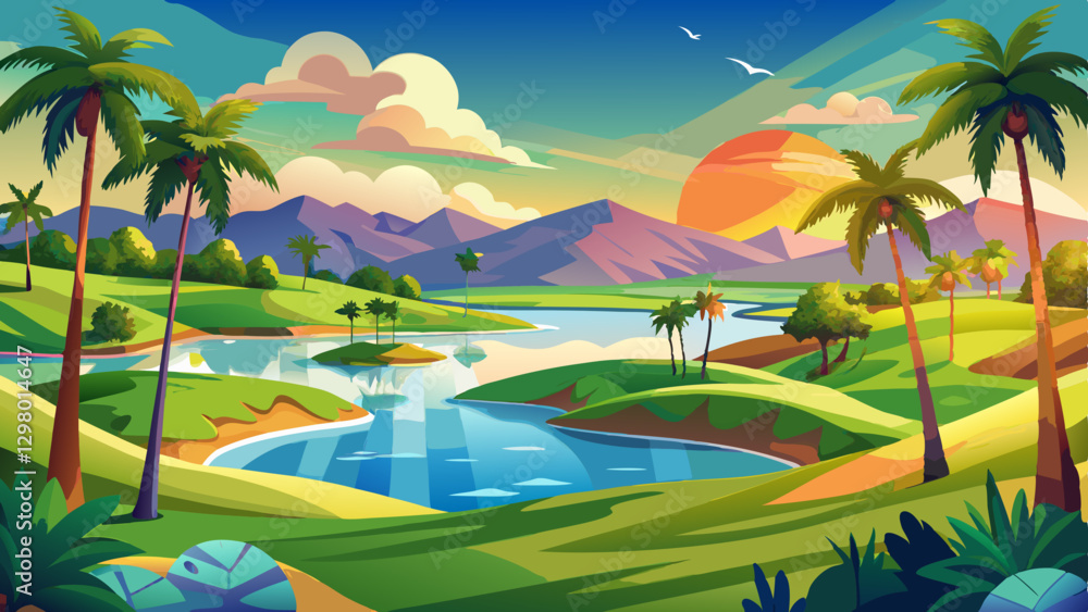 Obraz premium Scenic golf course with a lake, palm trees, and clear skies