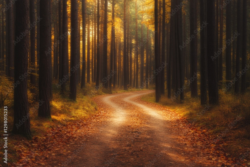 Obraz premium Winding path through dense forest, golden light filtering throug