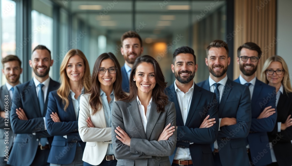 Confident diverse business team stands together in office with arms crossed, smiling. Businesspeople in formal suits show collaboration, leadership, engagement, partnership, togetherness, represent Confident diverse business team stands together in office with arms crossed, smiling. Businesspeople in formal suits show collaboration, leadership, engagement, partnership, togetherness, represent