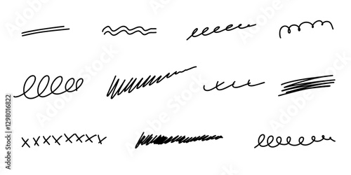Hand drawn stroke line set. Highlight marker underline, stroke and strike through set. Pen line template. Vector illustration isolated on white background.