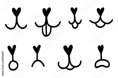 Hand drawn dog face with tongue hanging out. Dog tongue lick mouth and nose. Doodle happy cat face with open mouth. Icons set. Stock vector illustration isolated on white background.