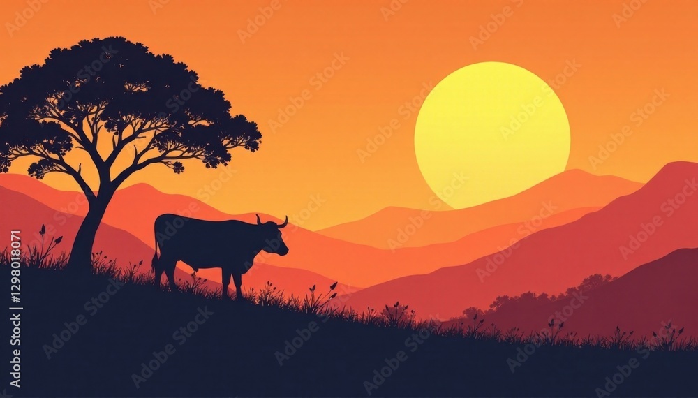 Vector bovine silhouettes in a serene landscape with subtle sun movement, scenery, landscape, nature Vector bovine silhouettes in a serene landscape with subtle sun movement, scenery, landscape, nature