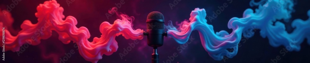 Vibrant smoke swirls around a microphone on black background, studio, mic, sound Vibrant smoke swirls around a microphone on black background, studio, mic, sound