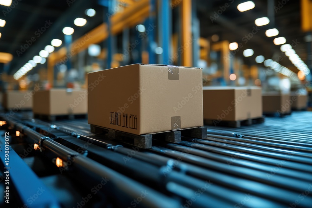 Cardboard boxes on a conveyor belt in a warehouse, showcasing efficient logistics and distribution. Modern industrial setting. Cardboard boxes on a conveyor belt in a warehouse, showcasing efficient logistics and distribution. Modern industrial setting.