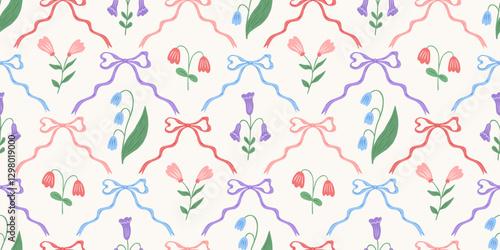 Vector floral seamless pattern with bows and ribbons. Preppy spring summer hand drawn flowers. Cute modern print. Perfect for fabric, wallpaper or wrapping paper.