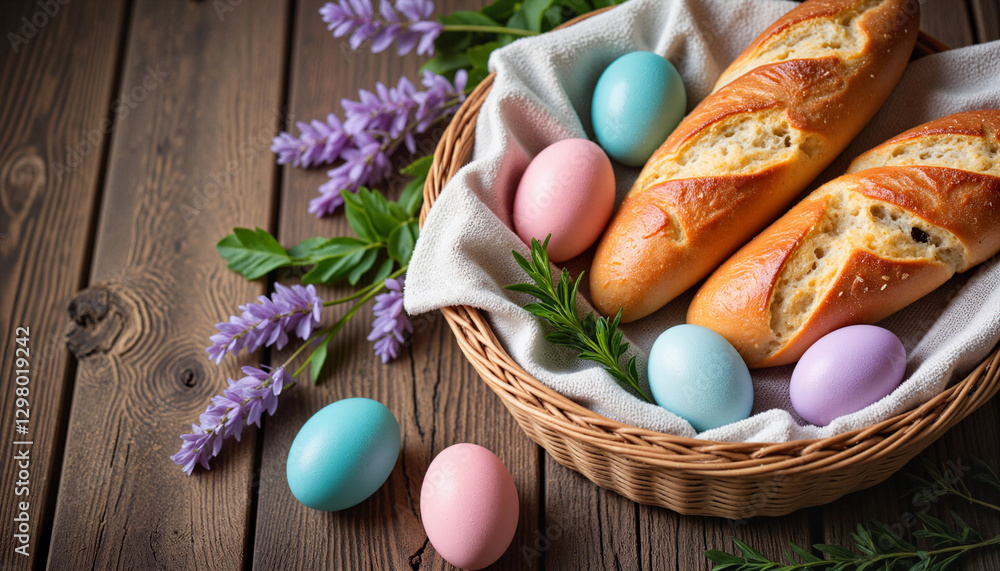 Baguette basket filled with colorful Easter eggs and fresh herbs on rustic table Baguette basket filled with colorful Easter eggs and fresh herbs on rustic table