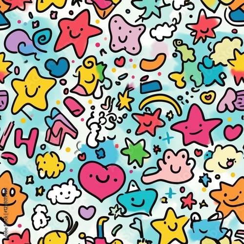 Colorful Playful Doodles with Stars, Hearts, and Smiley Faces