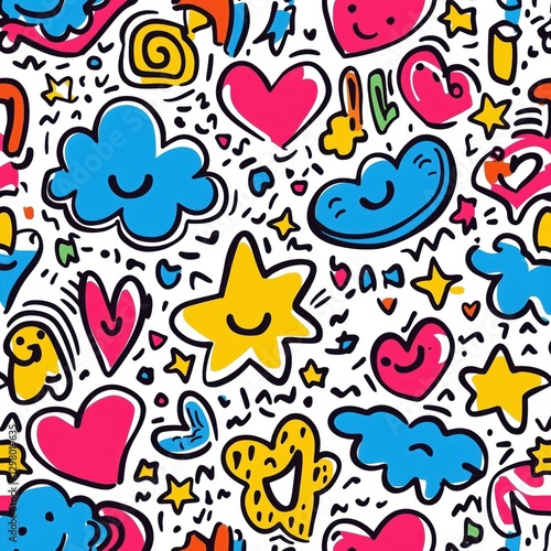 Colorful Doodle Pattern with Hearts, Clouds, Stars and Smiley Faces