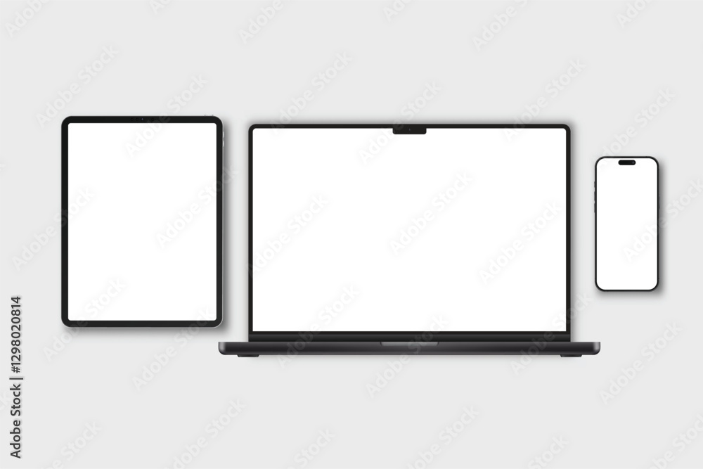 3D laptop, tablet and smartphone digital device mockup with blank screen isolated on background. Technology empty display template for ui, ux, app, ads and website presentation. Vector illustration
3D laptop, tablet and smartphone digital device mockup with blank screen isolated on background. Technology empty display template for ui, ux, app, ads and website presentation. Vector illustration