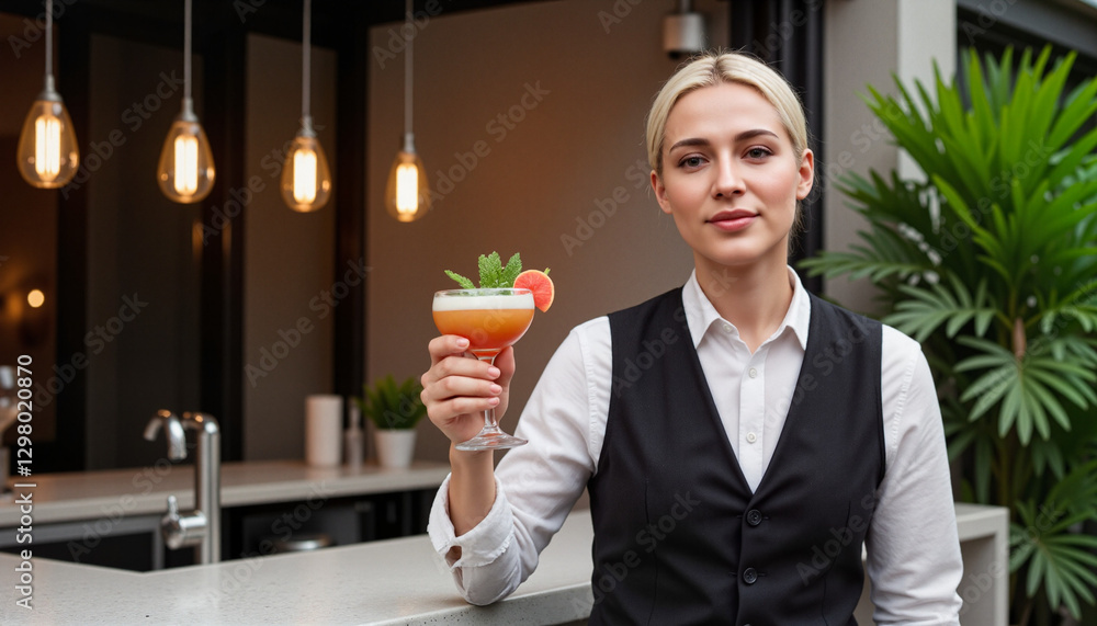 Trendy bartender holding a NoLow beverage in a coupe glass in an urban bar setting Trendy bartender holding a NoLow beverage in a coupe glass in an urban bar setting