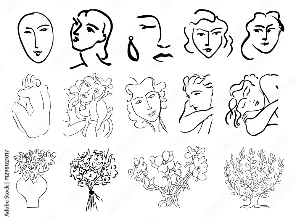 Fototapeta premium Set of abstract line art drawings, female nude silhouettes, faces, flowers in trendy retro inspired style. Contemporary art black ink sketch vector illustrations isolated on white background.