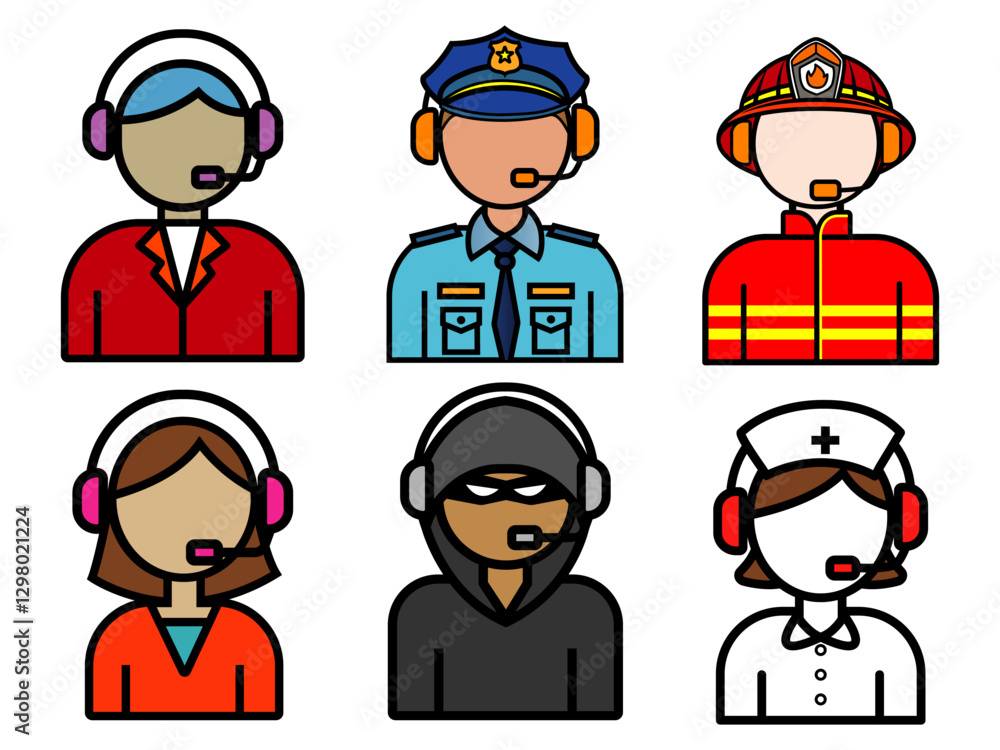 Set of flat icons representing various emergency and service call center operators, including firefighter, police, nurse, and customer support roles Set of flat icons representing various emergency and service call center operators, including firefighter, police, nurse, and customer support roles