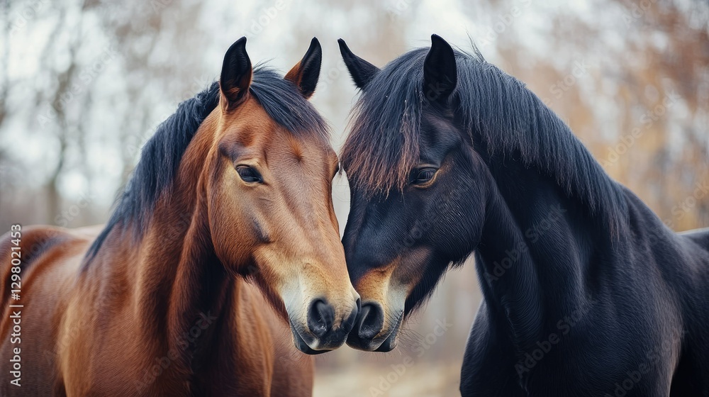 Fototapeta premium Two horses nuzzling each other, showcasing their strong bond and companionship
