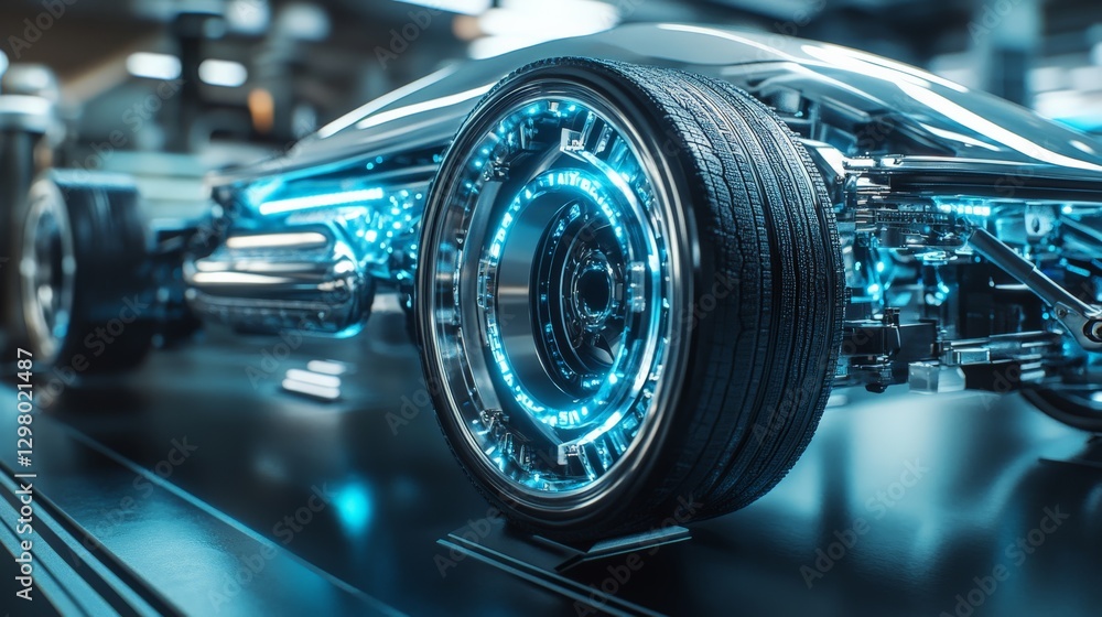 Fototapeta premium Futuristic vehicle chassis with self-repairing mechanical materials and embedded AI diagnostics