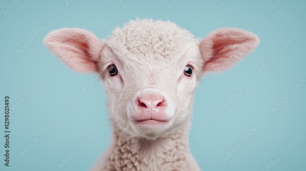 Obraz premium Close-up portrait of a cute white lamb looking directly forward against a solid light blue studio background.