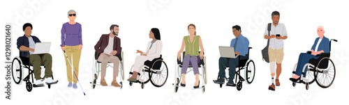 Multiracial disabled people character vector illustration set isolated on white background. Different Men women with special needs, prosthesis, stick, in wheelchair, blind. Inclusive business concept.