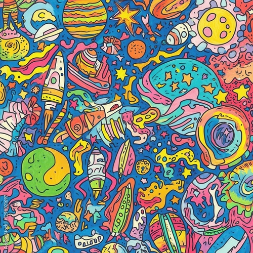 Colorful Cosmic Design with Space Elements and Fun Characters