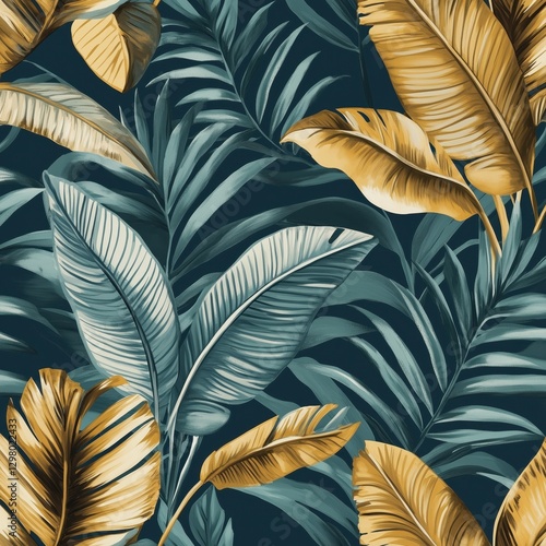 Elegant Tropical Leaves Pattern with Golden and Teal Elements