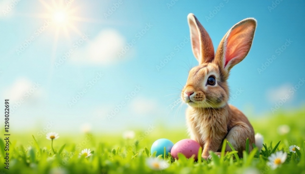 Fototapeta premium Whimsical bunny ears on a sunny meadow with eggs, bunny ears, easter eggs, eastern theme