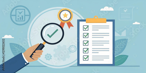Illustration of document checklist being reviewed with magnifying glass. Ideal for auditing, compliance, QA, or business presentations.