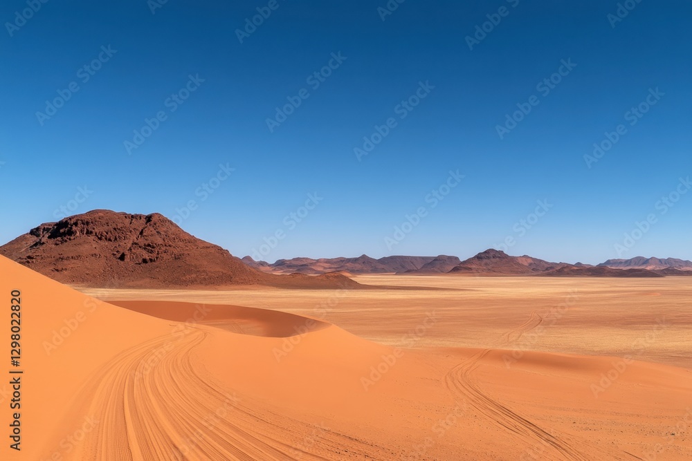 Desert landscape with sand dunes distant mountains Desert landscape with sand dunes distant mountains