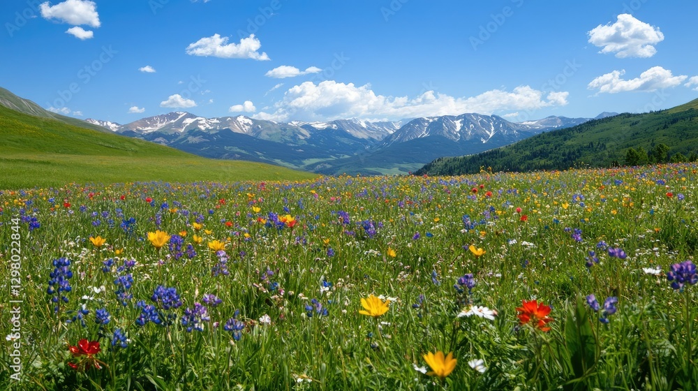 Obraz premium Wildflowers blooming in a vast green meadow with mountains in the background