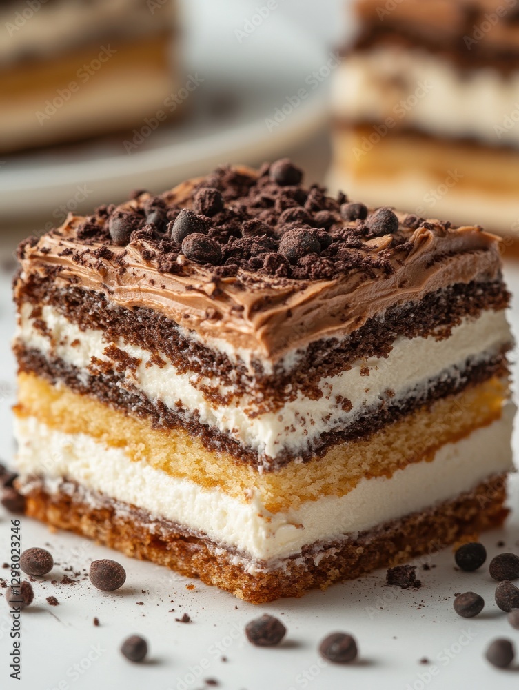 Delicious Layered Chocolate Cake with Cream and Cocoa Topping on a White Background, Perfect for Dessert Lovers and Baking Enthusiasts Delicious Layered Chocolate Cake with Cream and Cocoa Topping on a White Background, Perfect for Dessert Lovers and Baking Enthusiasts