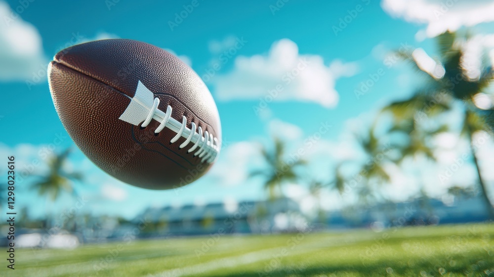 A football soaring through the air above a lush green field and palm trees under a clear blue sky. A football soaring through the air above a lush green field and palm trees under a clear blue sky.