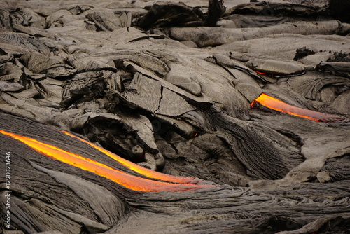 Active lava flows over old lava field in Hawaii