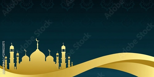RAMADAN KAREEM ISLAMIC BANNER WITH SILHOUTTE OF A MOSQUE WITH A CRESCENT MOON  AGAINST A TEEL COLOUR BACKGROUND WITH COPY SPACE FOR TEXT