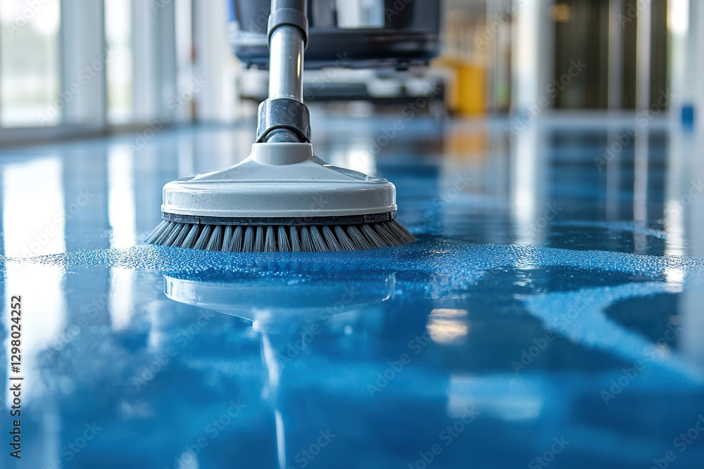 Machine washing of floors in the office. Close-up of the washing vacuum cleaner in operation. Office cleaning concept. Machine washing of floors in the office. Close-up of the washing vacuum cleaner in operation. Office cleaning concept.