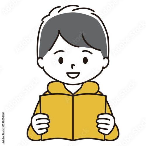 本を読む男の子のイラスト　笑顔　黒髪