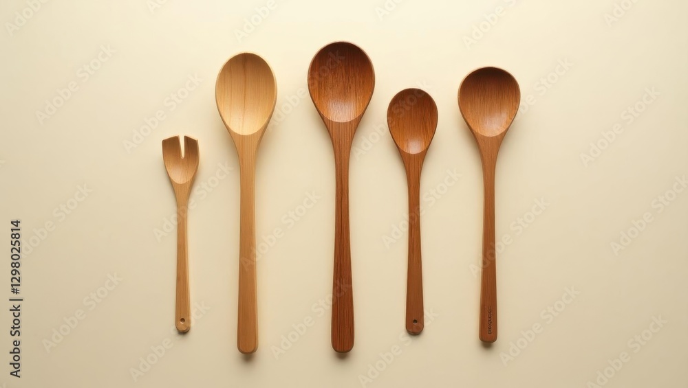 Bamboo Spoon. Wooden kitchen utensils set with spoons and fork, cookin Bamboo Spoon. Wooden kitchen utensils set with spoons and fork, cookin