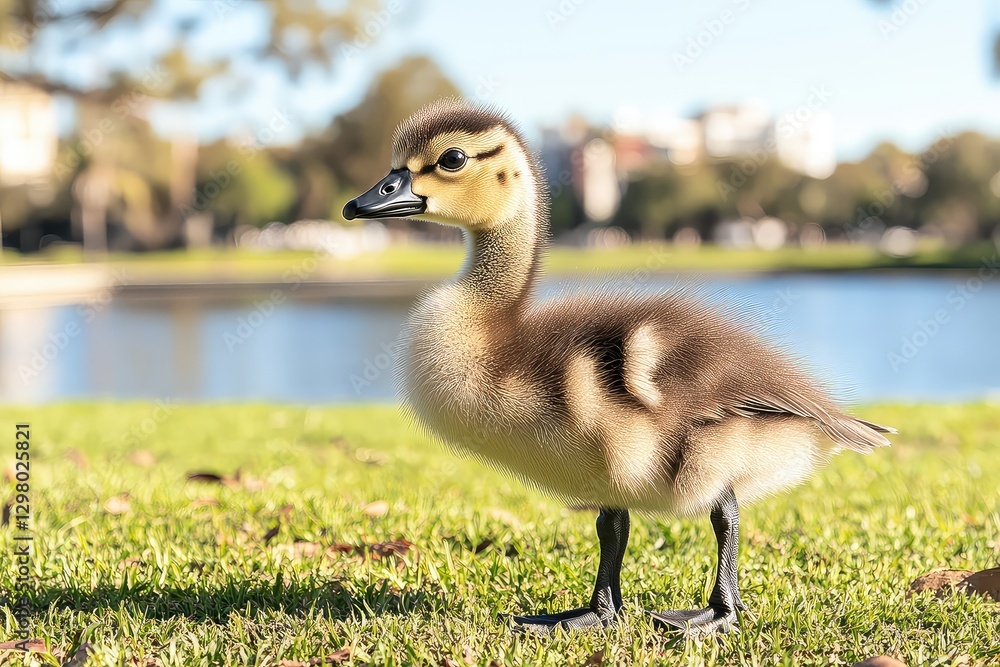 A fluffy duckling standing on green grass by a serene lake, with trees and buildings in the background A fluffy duckling standing on green grass by a serene lake, with trees and buildings in the background