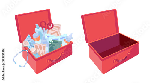 Cartoon Color First Aid Box Set Full and Empty View Emergency Pack Concept Flat Design Style. Vector illustration