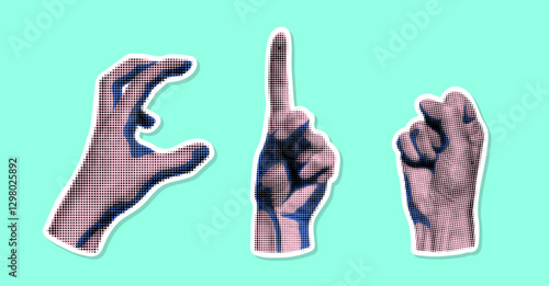 Realistic Halftone Dotted Human Hands Different Gestures Stickers Set Pointing Hand and Fist Collage Element . Vector illustration