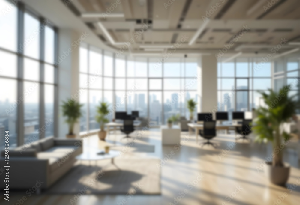 Fototapeta premium A blurred modern office interior with panoramic windows and soft natural lighting. A minimalistic, bright workspace with an airy and professional atmosphere.