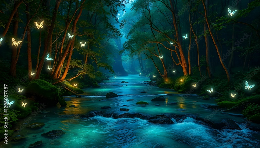 Enchanted River: A Luminous Butterfly Dance in the Dark Forest Enchanted River: A Luminous Butterfly Dance in the Dark Forest