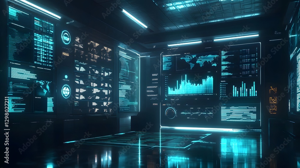 A futuristic data center room displays information on screens A futuristic data center room displays information on screens