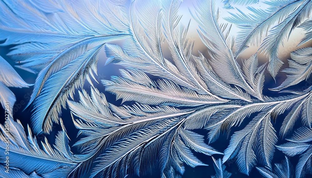 Obraz premium A macro of frost forming on glass, showing delicate, fractal-like ice patterns in cool white, creating a beautiful and intricate winter scene.