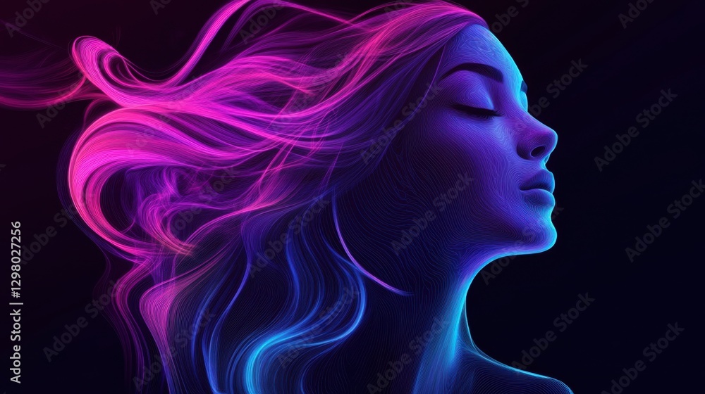 A Serene Digital Portrait Of A Woman With Flowing Pink And Blue Hair, Glowing Particles And Dots Create A Dreamy, Mystical Atmosphere Against A Dark A Serene Digital Portrait Of A Woman With Flowing Pink And Blue Hair, Glowing Particles And Dots Create A Dreamy, Mystical Atmosphere Against A Dark