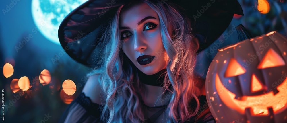 Mystical witch with long grey hair, dark makeup, and a black hat, illuminated by a glowing jack-o'-lantern and full moonlight in an eerie Halloween setting Mystical witch with long grey hair, dark makeup, and a black hat, illuminated by a glowing jack-o'-lantern and full moonlight in an eerie Halloween setting