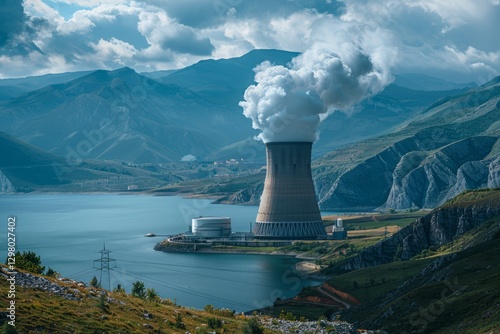 Wallpaper Mural A nuclear power plant with a towering cooling tower emits thick steam, set against a backdrop of rugged mountains and a tranquil lake. The industrial structure contrasts with the natural scenery Torontodigital.ca