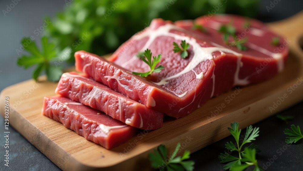 Carnivore Diet. Meat is sliced up on cutting board with parsley Carnivore Diet. Meat is sliced up on cutting board with parsley