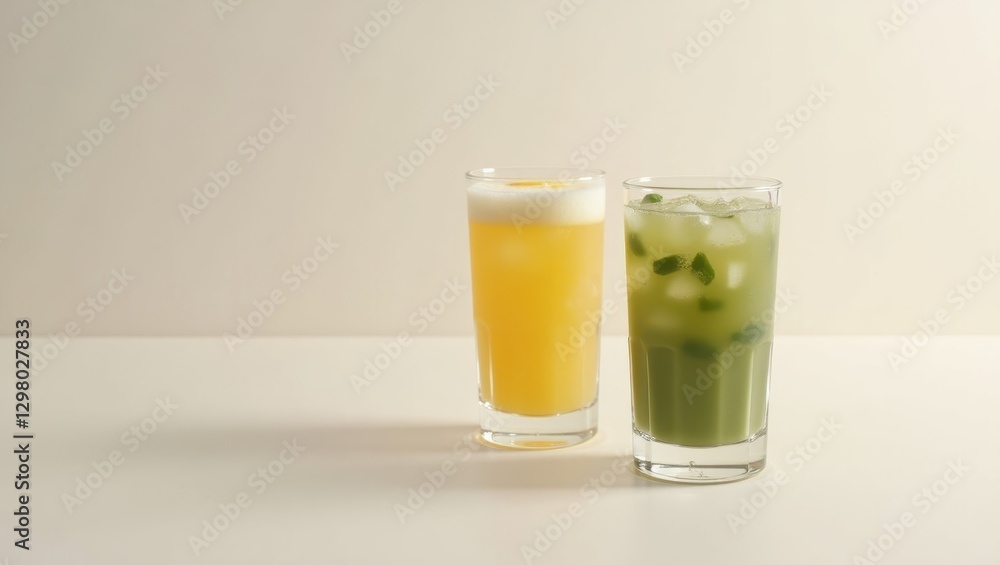 Cbd Drinks. Two glasses are filled with drinks and ice on table Cbd Drinks. Two glasses are filled with drinks and ice on table