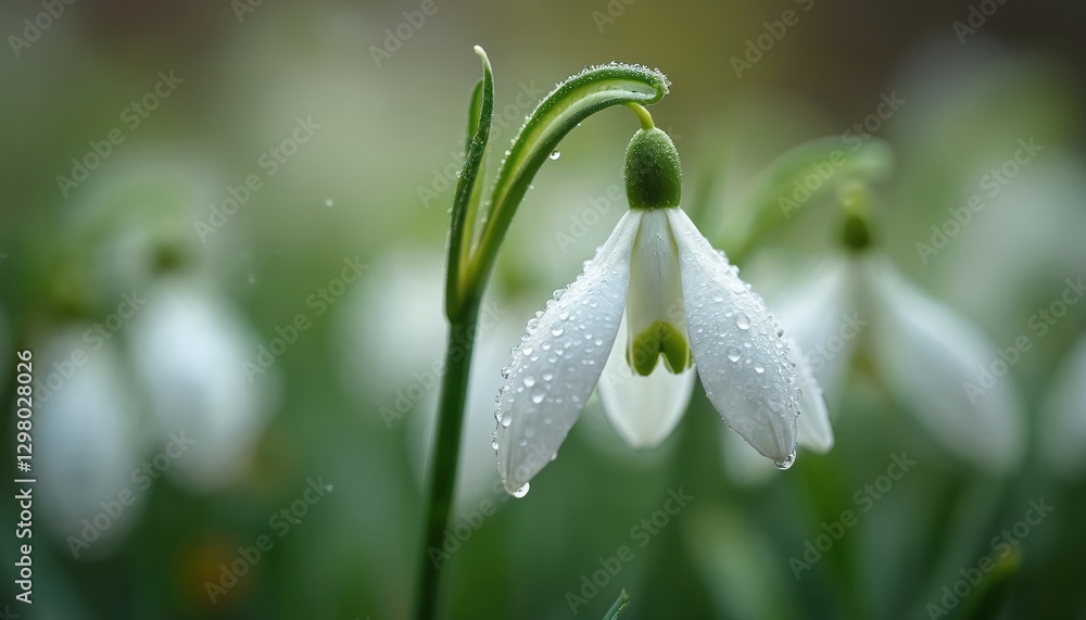 Close-up of snowdrop with water droplets on petals. White flower with green stem after rain. Spring bloom beauty, macro detail of delicate fragile blossom in garden. Close-up of snowdrop with water droplets on petals. White flower with green stem after rain. Spring bloom beauty, macro detail of delicate fragile blossom in garden.