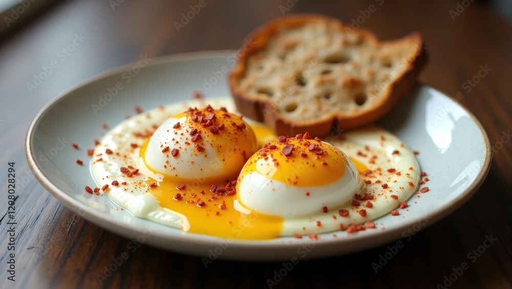 Cilbir. Eggs are on plate with piece of bread Cilbir. Eggs are on plate with piece of bread